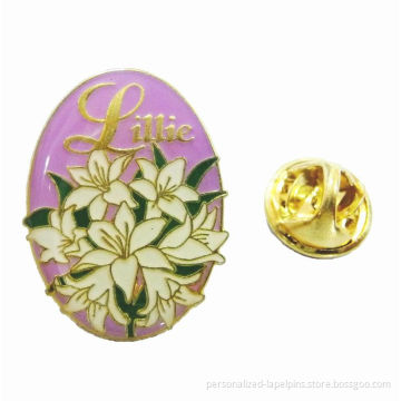 Resin Dome Zinc Alloy Gold Plated Lacquered Metal Pin Badges With Custom Flowers Logos